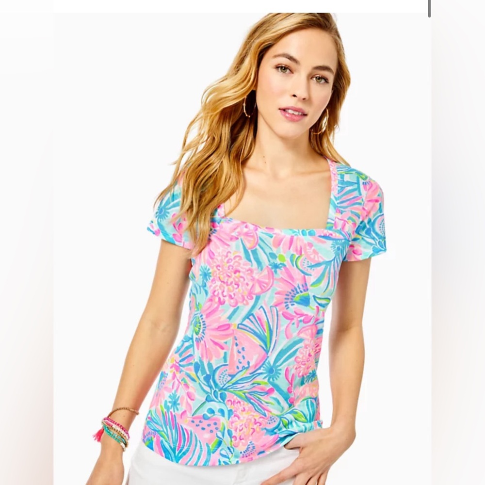 Lilly Pulitzer Pink and Blue Floral Square-Neck Tee